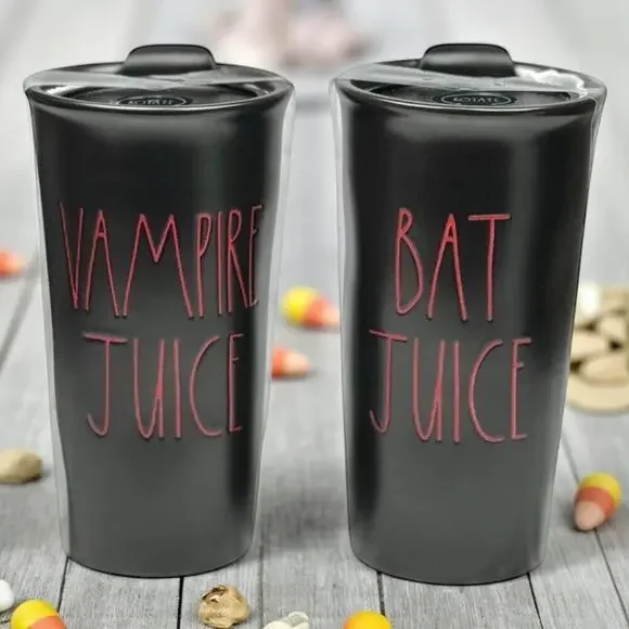 Rae Dunn Travel Mug Set Vampire Bat Juice Ceramic W/Lid Halloween New in boxes - Picture 1 of 6